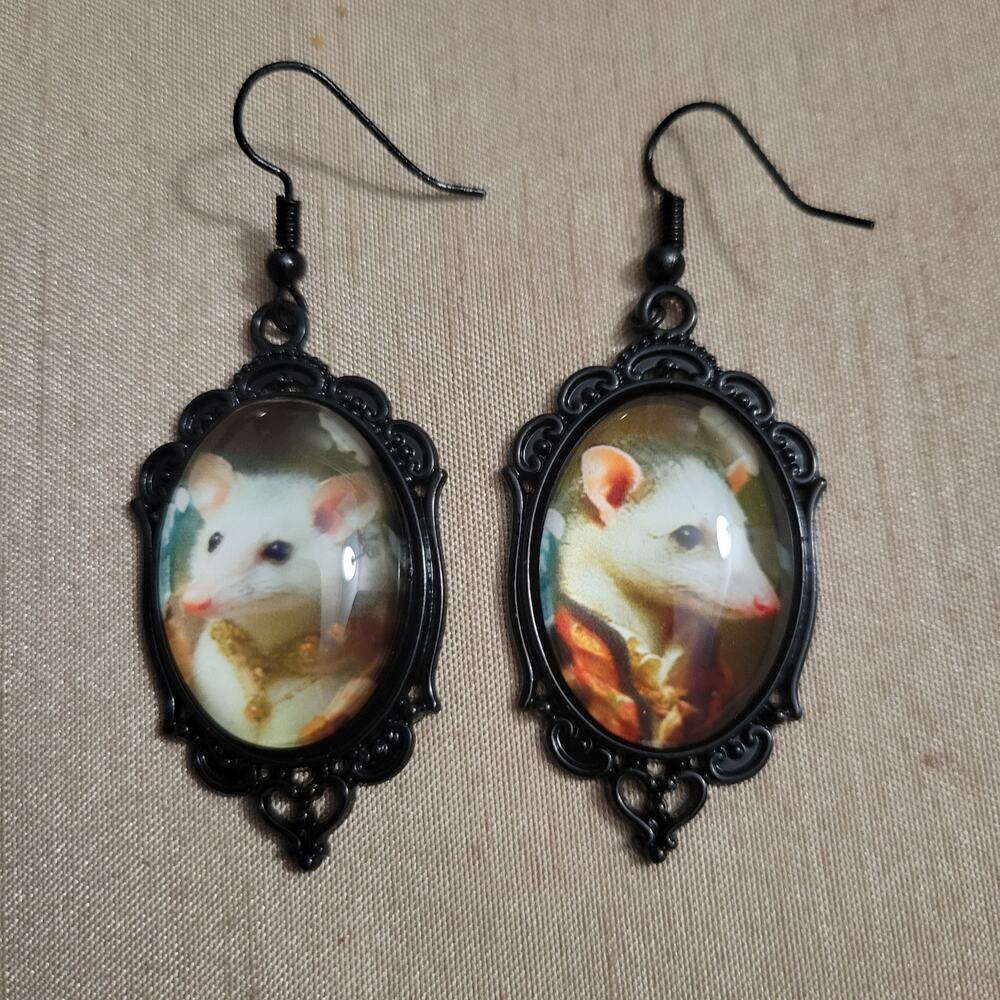 Lady and gentleman possum portrait mismatch cameo hook earrings